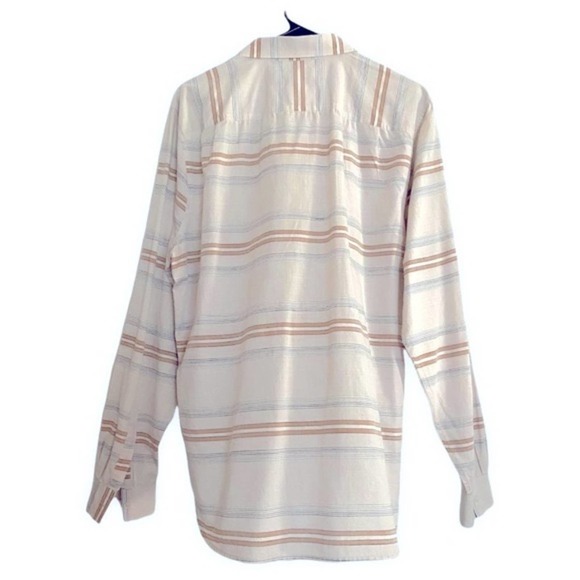 7 for all Mankind Mens Striped Button Down Shirt Lareg Cream Beige Long Sleeve - Picture 2 of 9